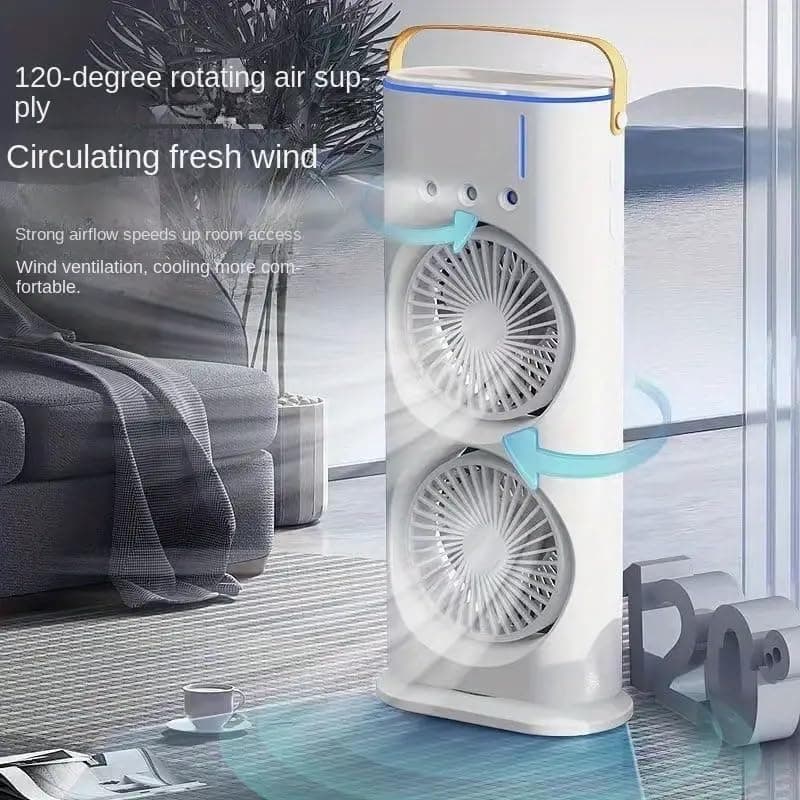 Portable Double‑Ended USB Rechargeable Spray Fan – Dual‑Blade Mini Desktop Cooling Fan with Mist & 360° Rotation, 3 Speeds & Remote Control – Personal Table Fan for Office, Home & Outdoor (White) - Image 5