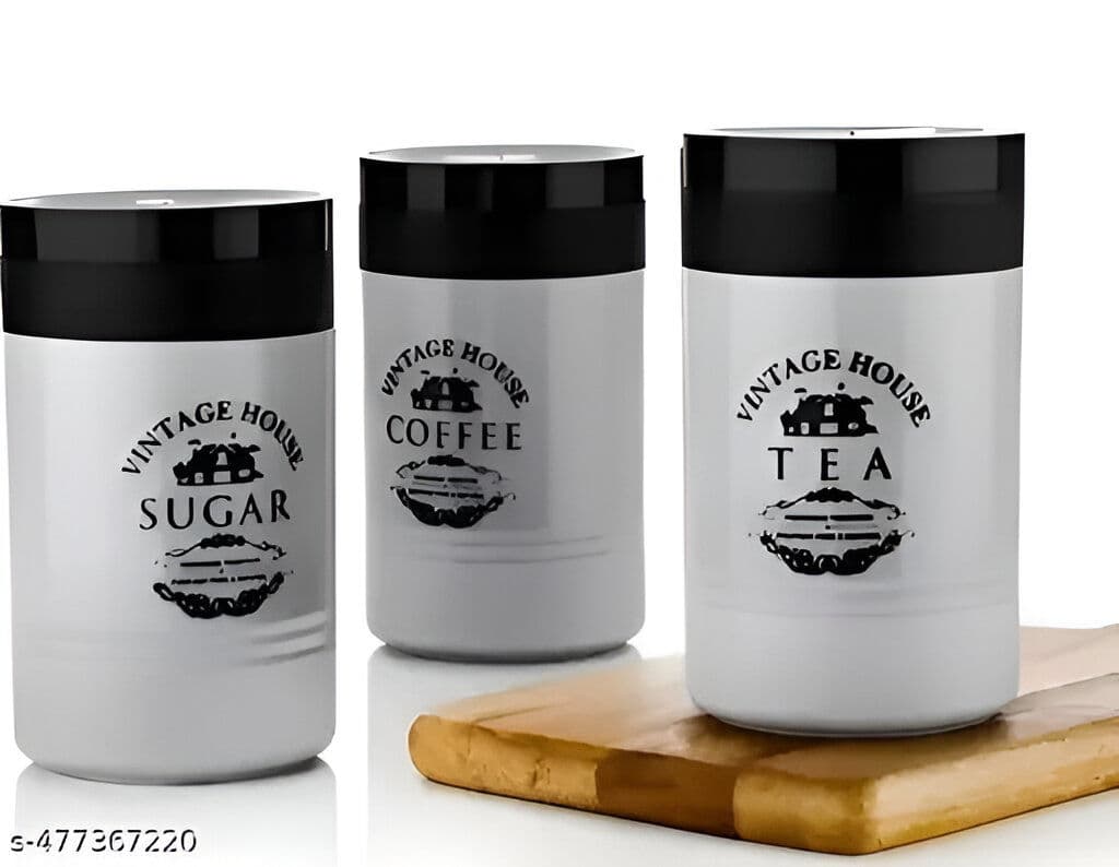 Set of 3 Vintage-Style Multipurpose Kitchen Canisters – 1000 ml Airtight Sugar, Coffee & Tea Storage Jars with Easy-Grip Lids (Grey & Black)